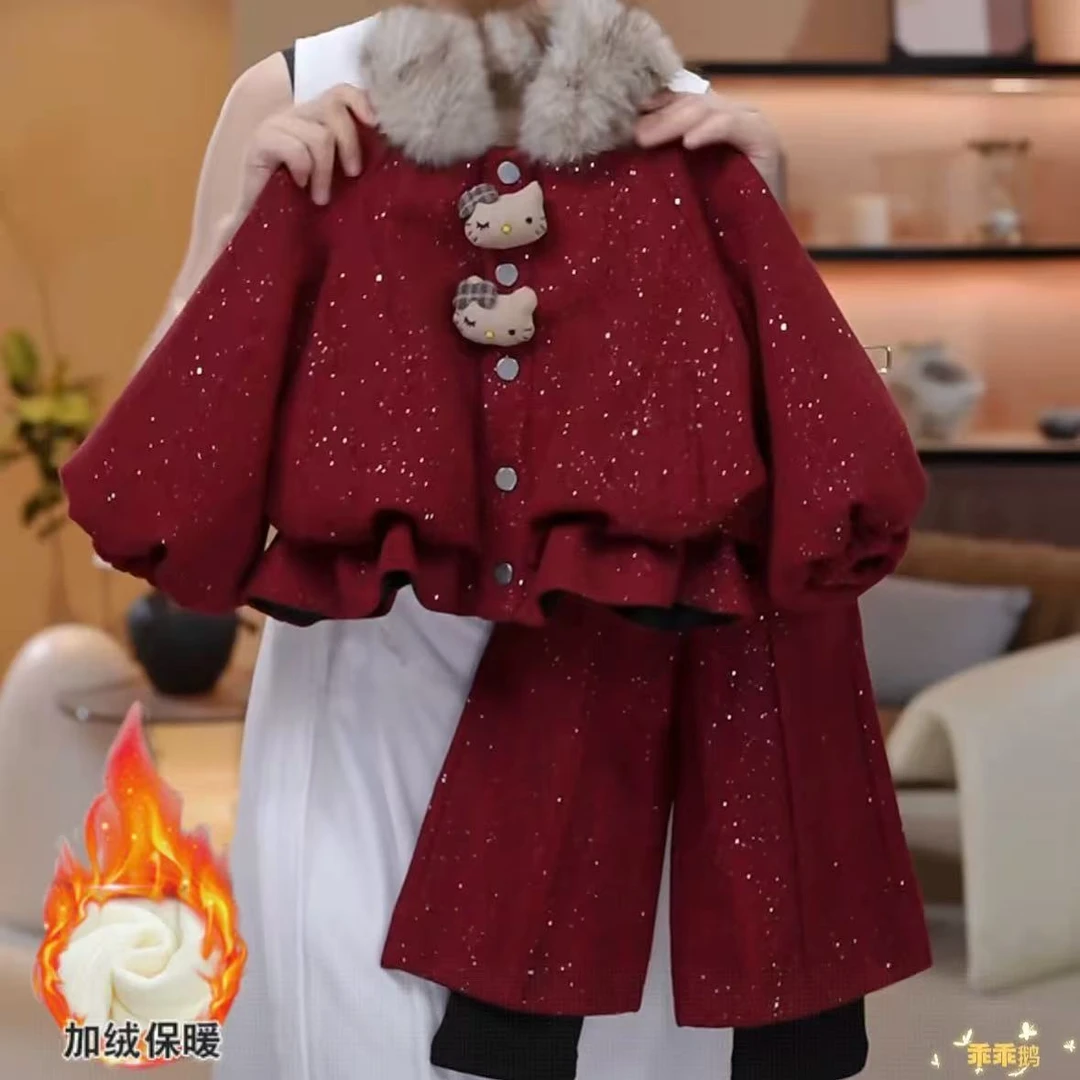 女童韩版加绒加厚款毛呢套装2025新款冬儿童中保暖翻领洋气外套潮