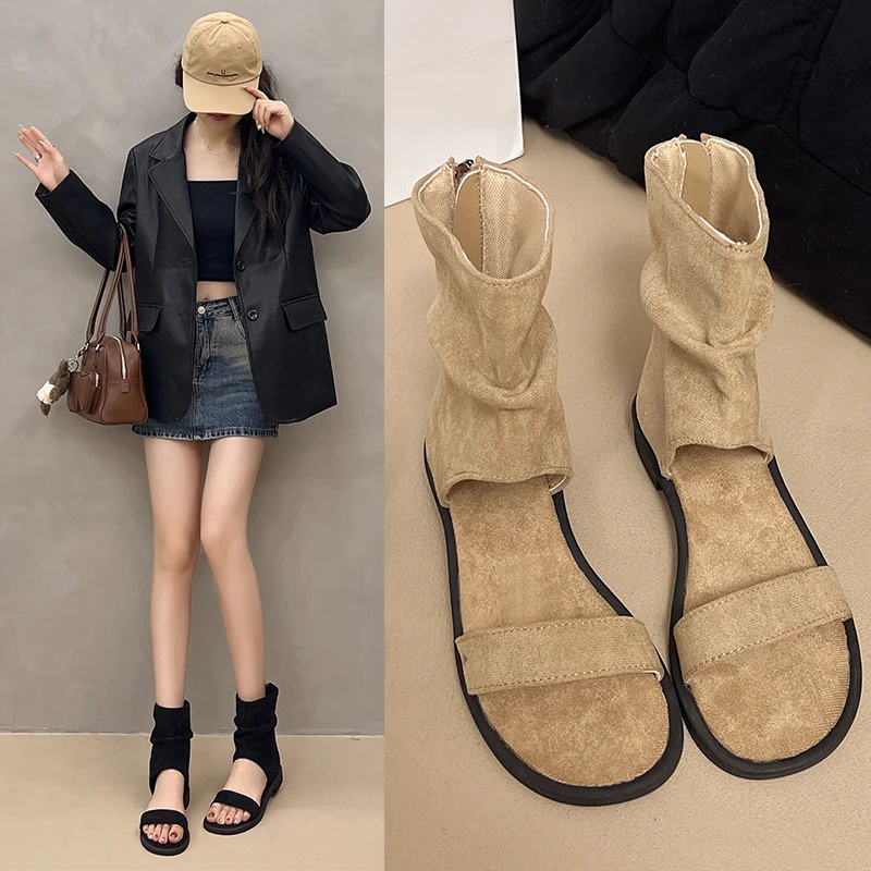 2025夏季新款罗马时尚休闲夹趾凉鞋复古手工鞋平底镂空百搭女凉靴