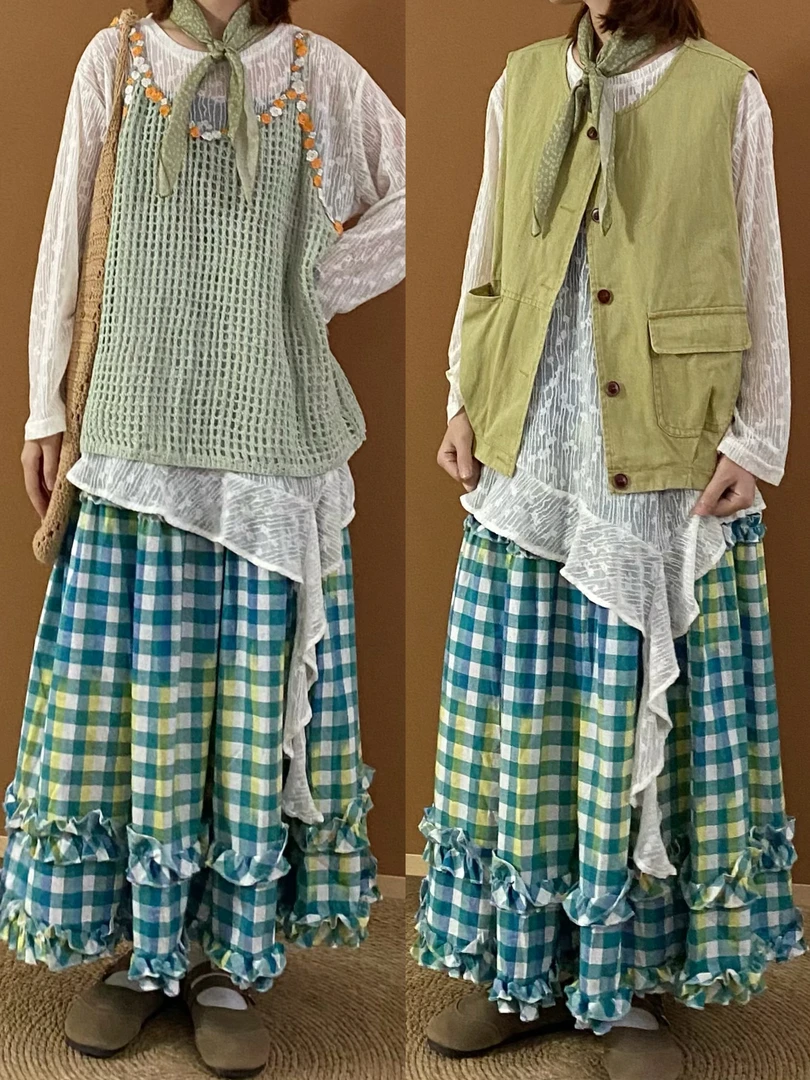 日系木耳边蓝绿格纹半身裙