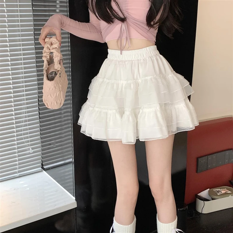 大码女装白色短裙夏季高腰A字半身裙女遮肚子显瘦蓬蓬蛋糕裙纱裙