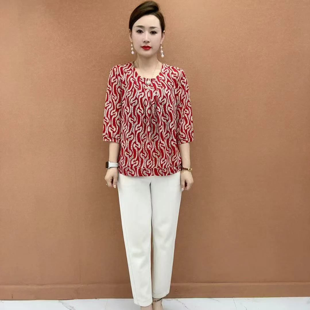 升级款夏季百搭中老年女装中袖宽松中长款褶皱碎花遮肚显瘦小衫女