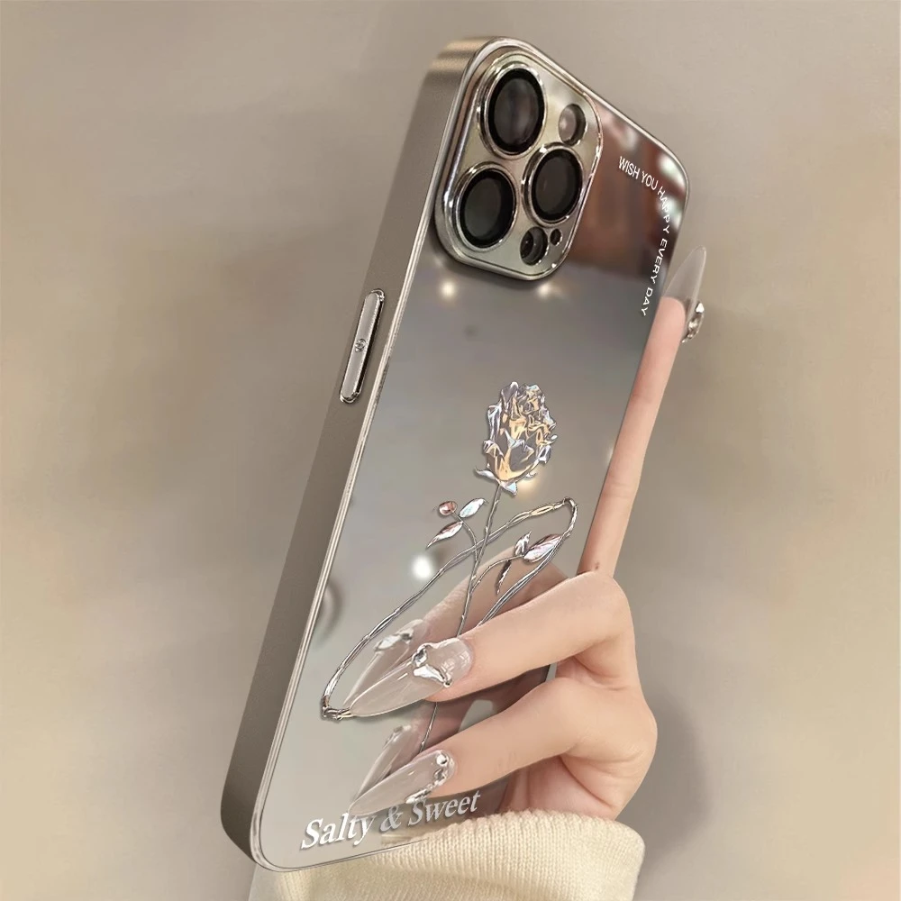适用于苹果16promax女款电镀镜面手机壳iPhone15金属玫瑰镜头全包