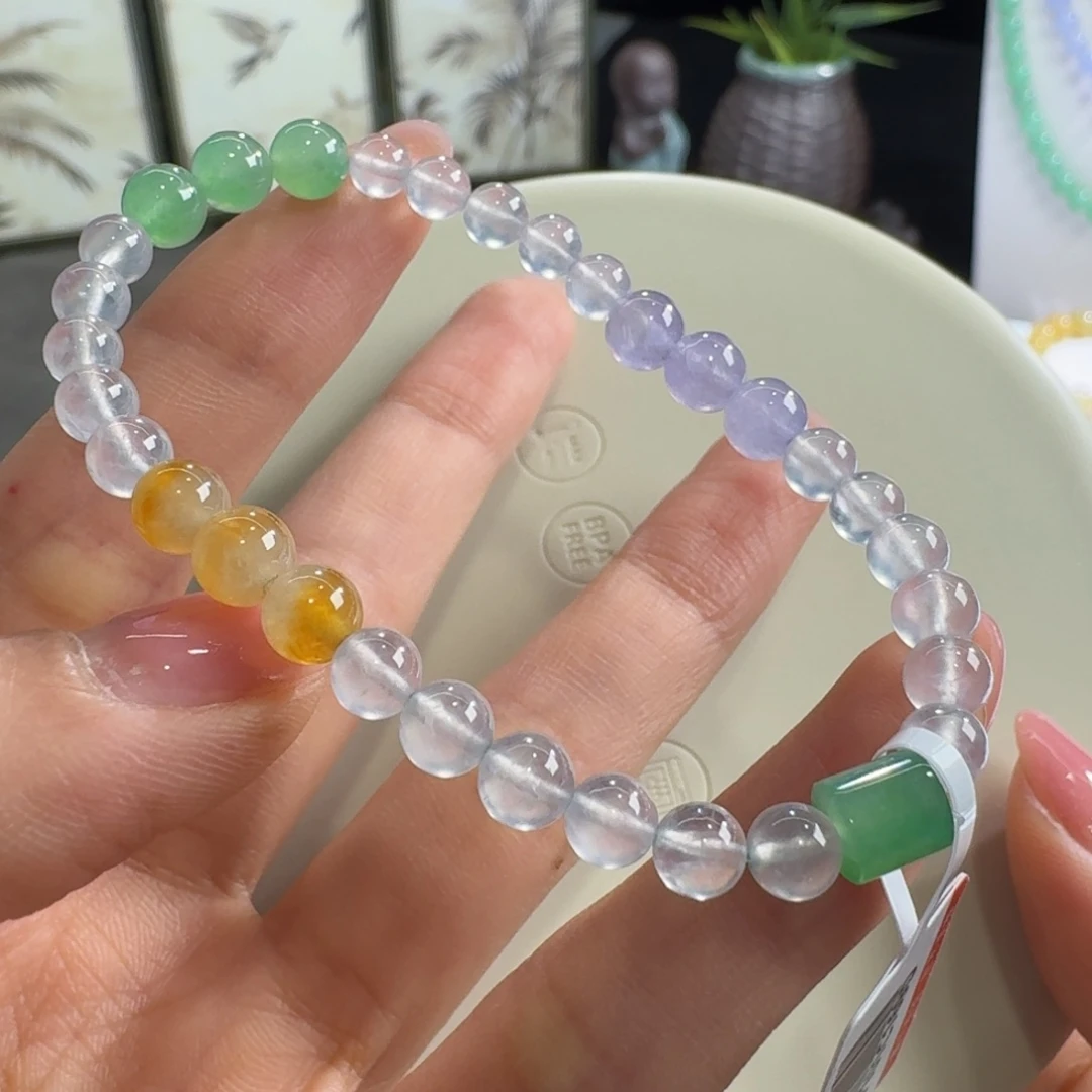 未镶嵌手串翡翠玻璃钢配三彩多宝单圈5-6mm