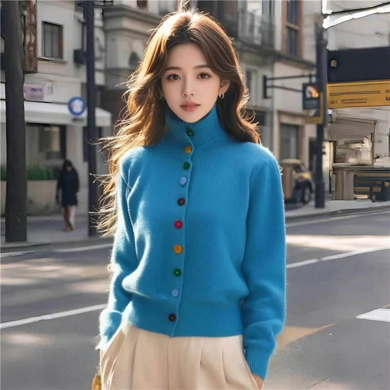 现货百搭风高领彩虹扣加厚洋气短款 设计感红色秋冬保暖上衣