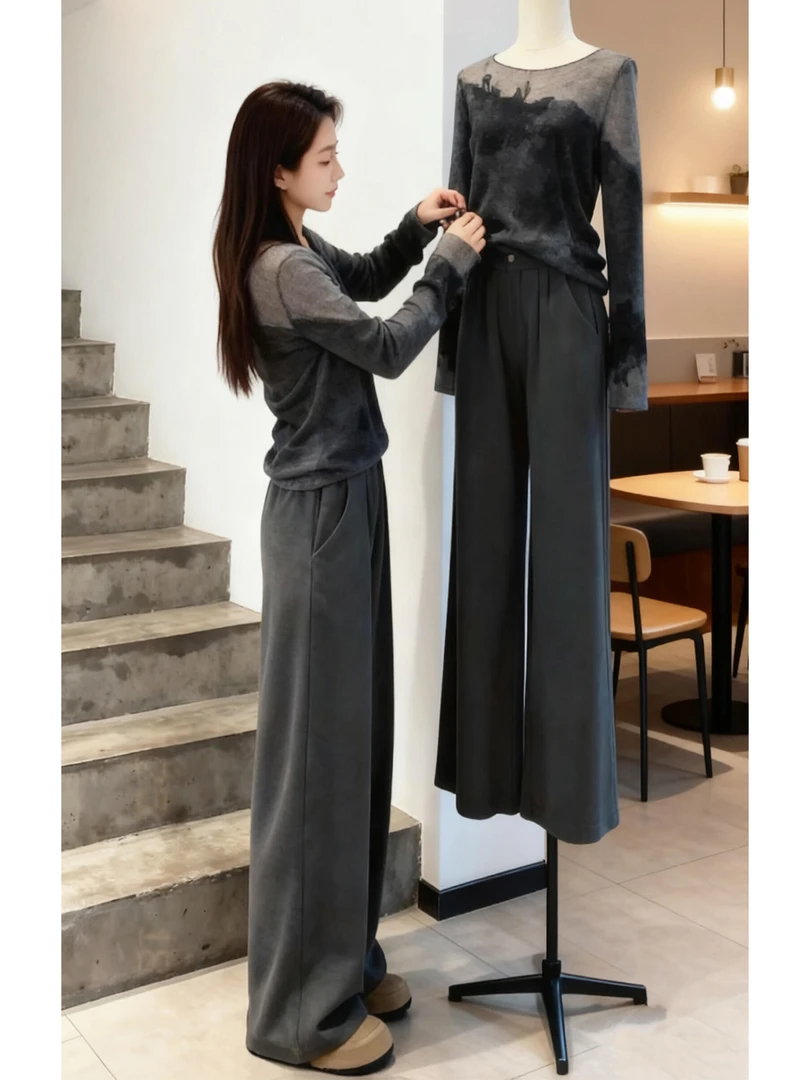 巨好看的秋冬一整套气质轻奢高级感韩系氛围感灰色针织休闲套装裤