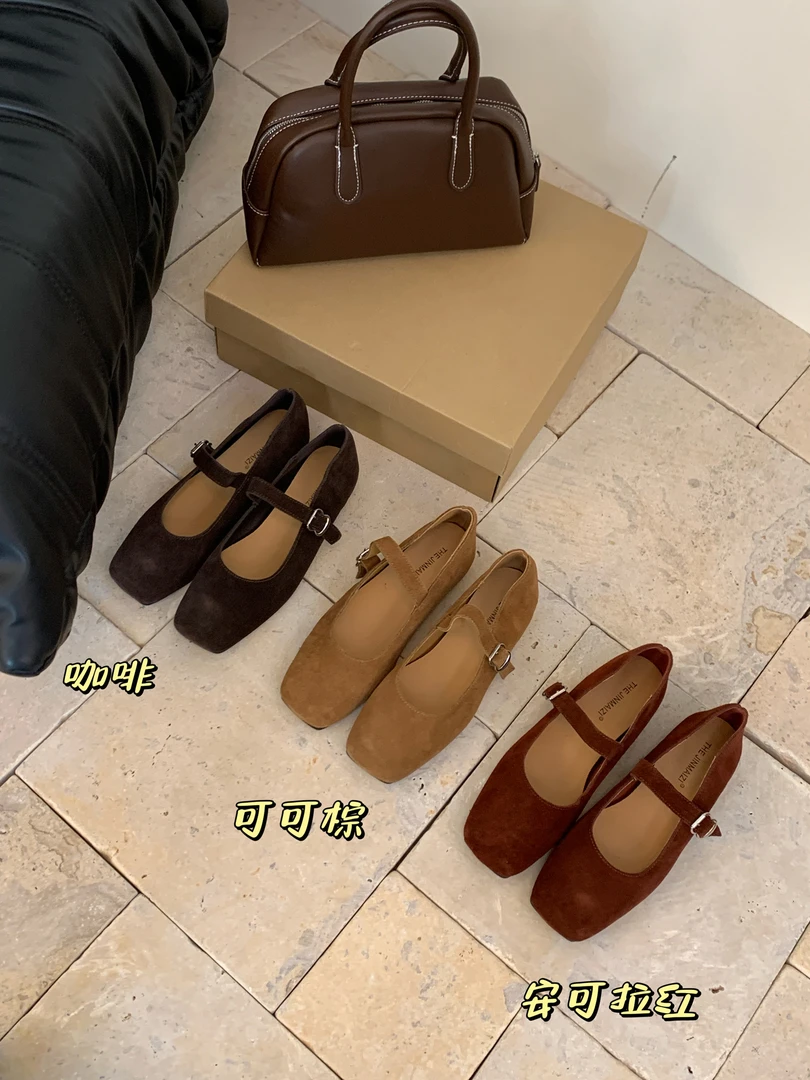 19-7【真皮】方头平跟浅口鱼嘴鞋玛丽珍鞋单鞋软底皮鞋圆头赫本风