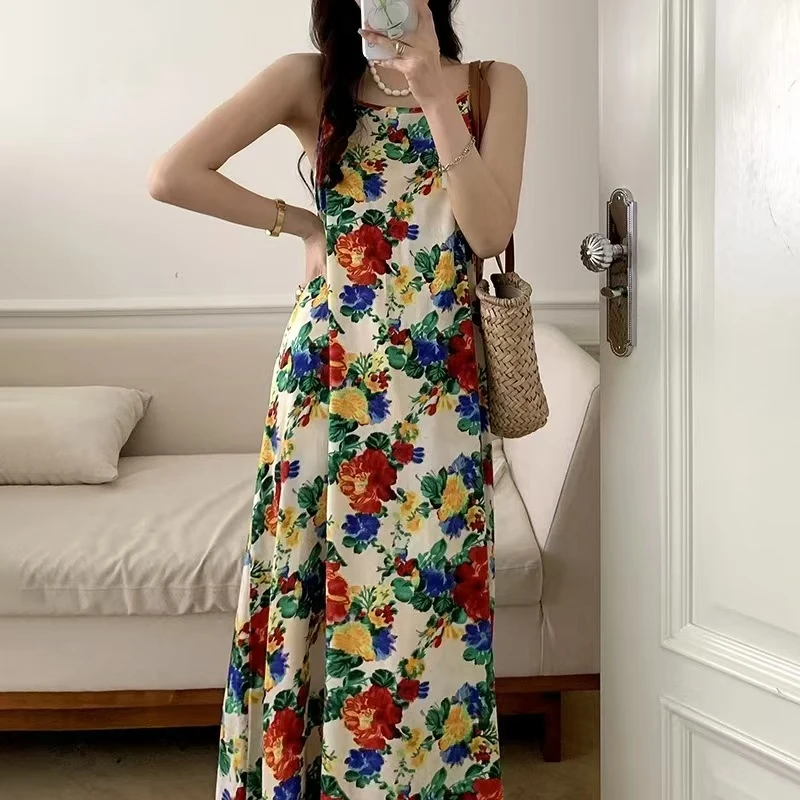 新款棉绸吊带睡裙女夏季甜风牡丹碎花裙可外穿连衣裙显瘦时尚