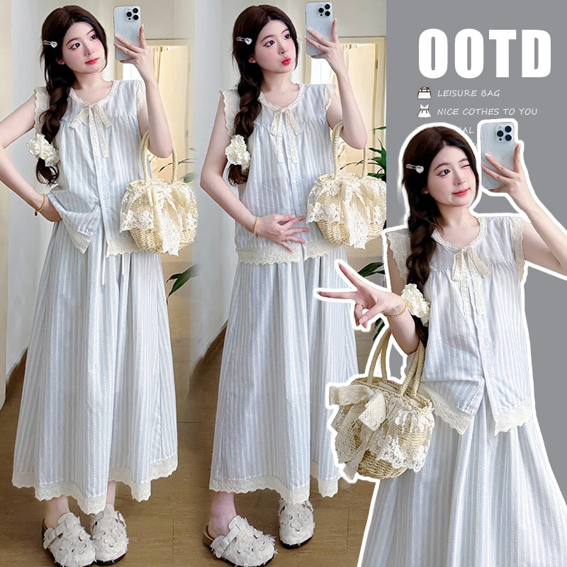 孕妇装夏装2025夏季新款孕妇时尚洋气法式宽松显瘦两件套孕妇套装