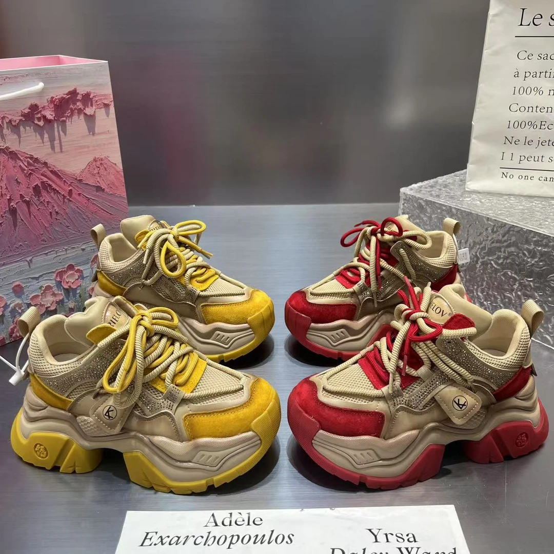 【红】欧货拼色老爹鞋女夏季透网厚底休闲鞋2025新款松糕底运动鞋女