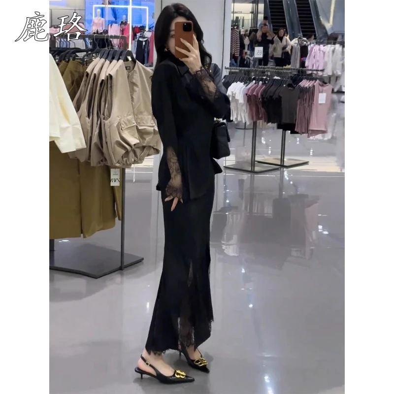 高级感蕾丝拼接黑色衬衫高腰半身裙两件套女春季轻奢穿搭一整套装