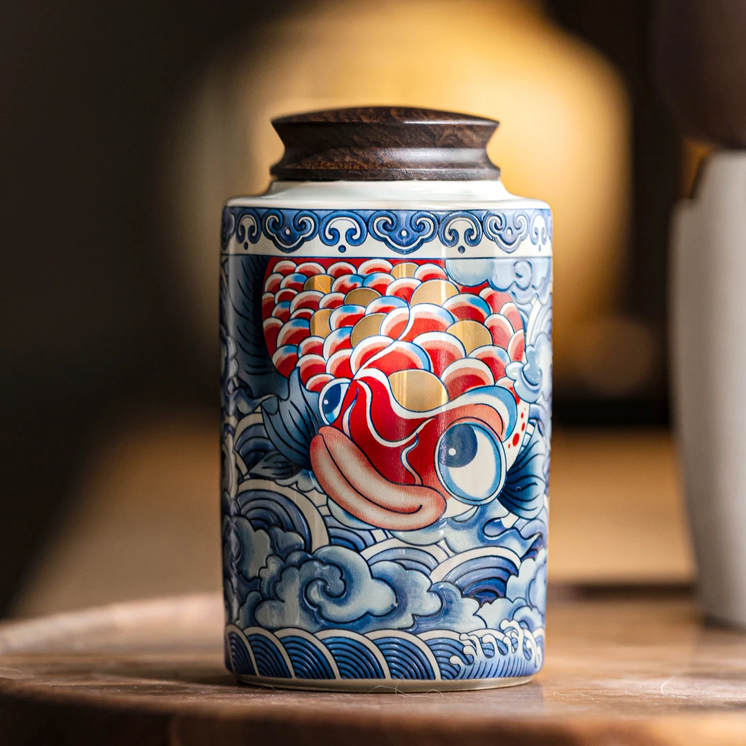 亘古 青花满彩纳福龙鱼逸品茶罐 创意国潮陶瓷家用密封罐茶叶罐