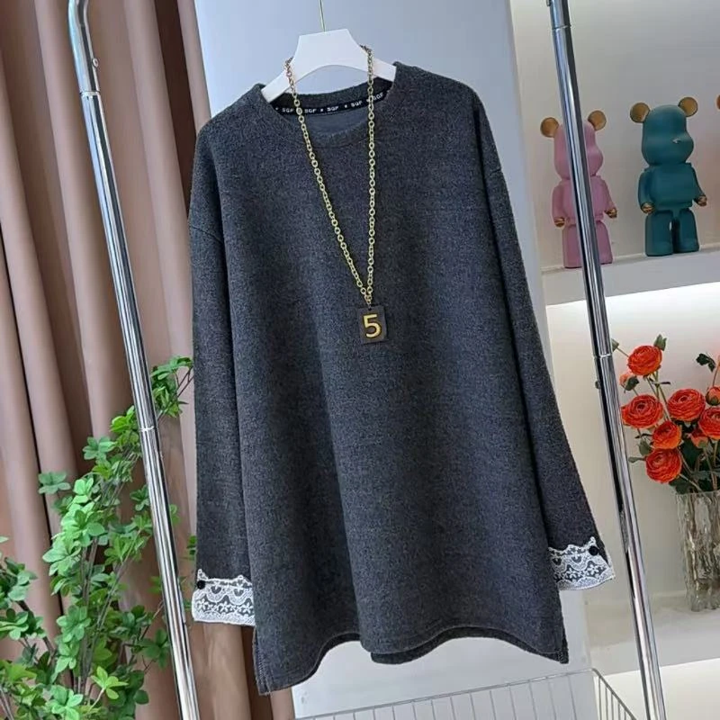 韩系时尚蕾丝花边拼接套头卫衣女秋冬宽松休闲慵懒外穿打底衫上衣