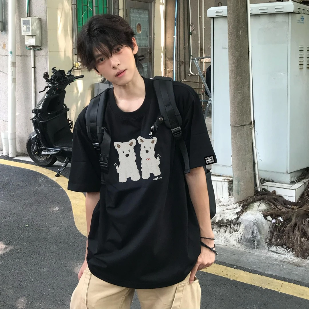 100%纯棉美式简约小狗字母印花短袖休闲T恤男女夏季宽松情侣上衣