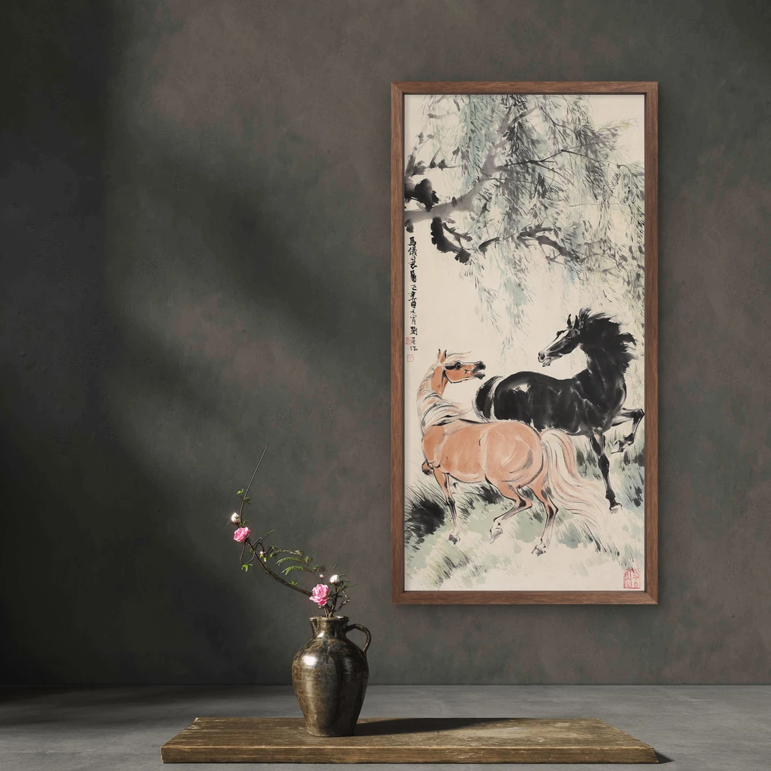 8854-35*68双骏图中式装饰画木框玄关书房茶室客厅挂画