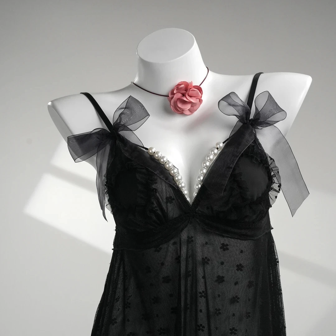 【心心念念】网纱蕾丝优雅轻奢吊带珍珠性感风睡裙