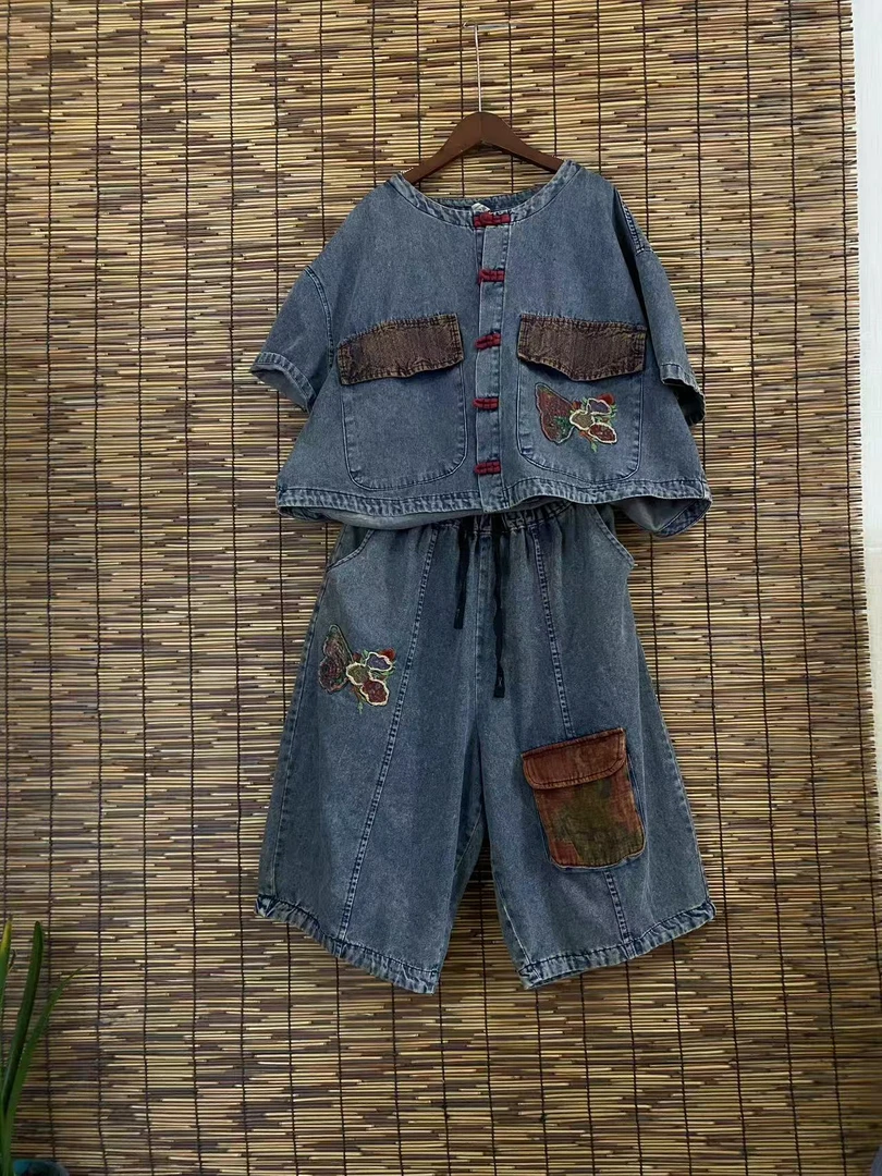 夏季新款宽松休闲显瘦牛仔套装女重工刺绣排扣两件套