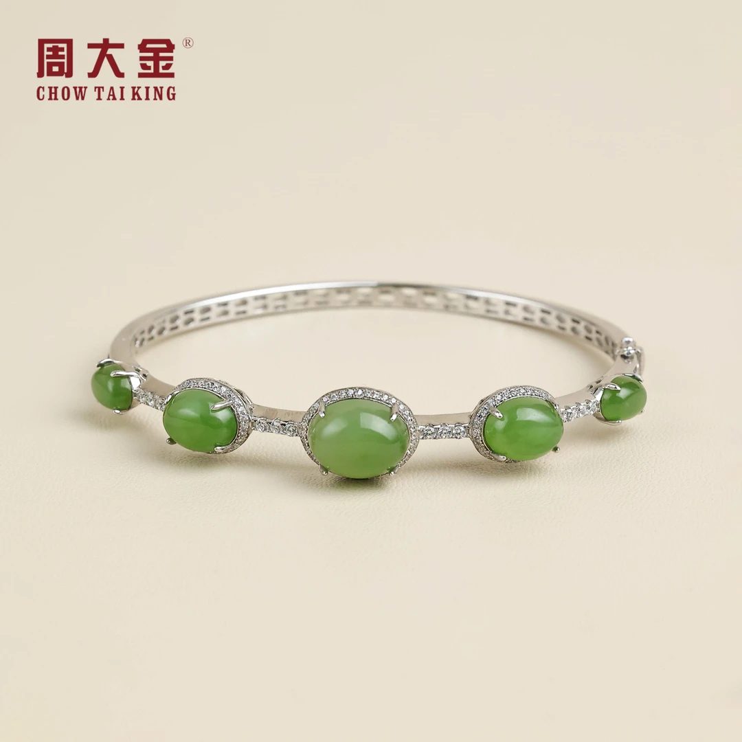 【周大金玉石】S925银和田玉碧玉蛋形手镯-SZ812-鹤