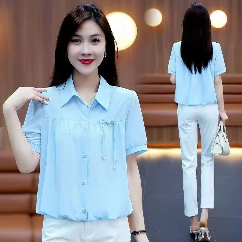 休闲百搭小个子短袖雪纺衬衫女士2025夏季新款韩版polo领洋气上衣