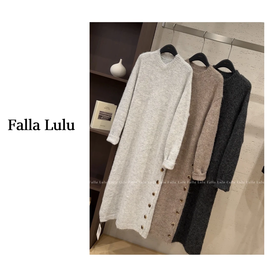 @英子家 门店款～慵懒韩系软糯长款纽扣开叉毛织毛衣连衣裙C2263