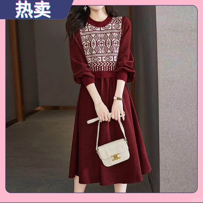秋冬女装新款复古印花洋气内搭打底毛衣长袖针织长裙小个子连衣裙