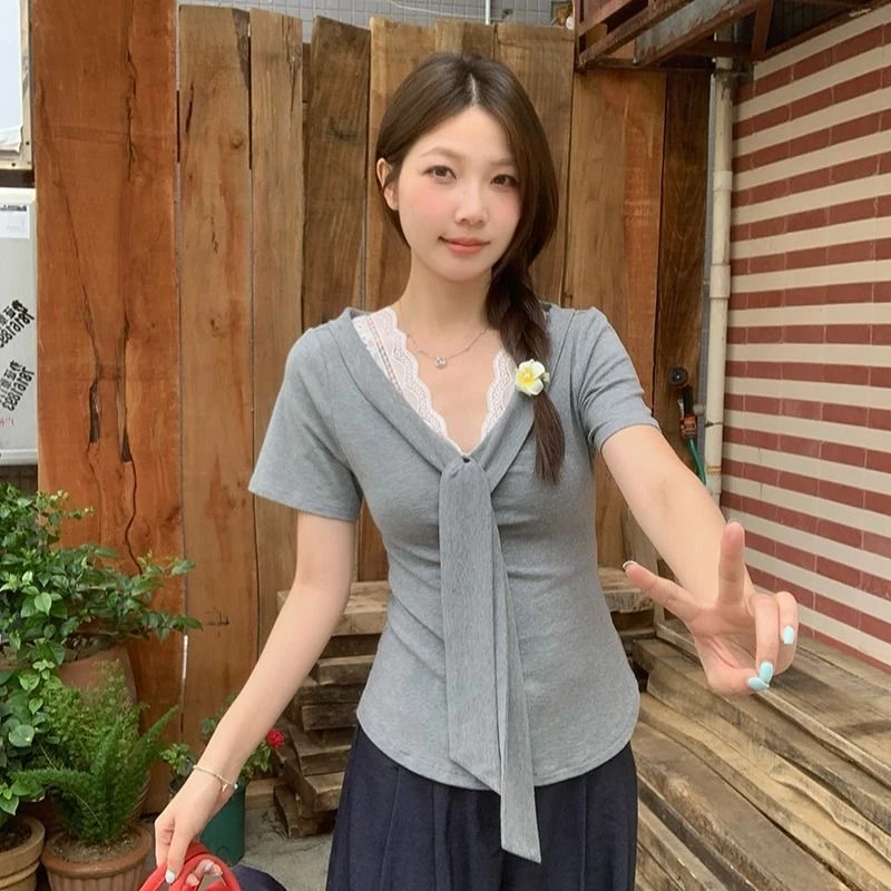 纯棉炸街御姐风辣妹纯欲露锁骨短袖T恤女夏季修身V领短款拼接上衣