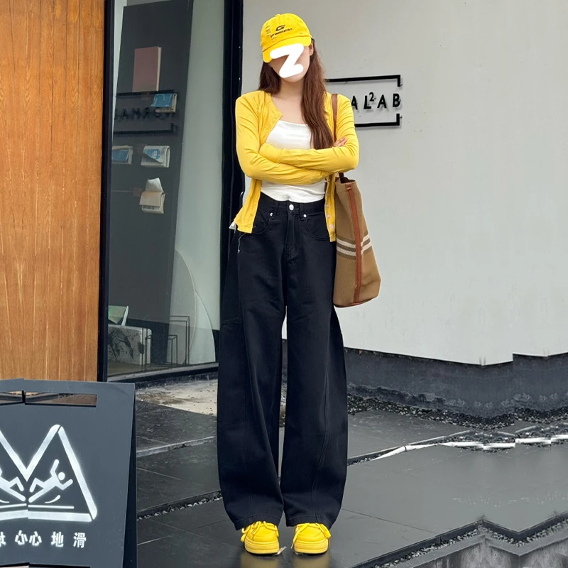 喜绚黑灰色弯刀牛仔裤女春秋季2025新款时尚酷飒辣妹高街直筒裤子