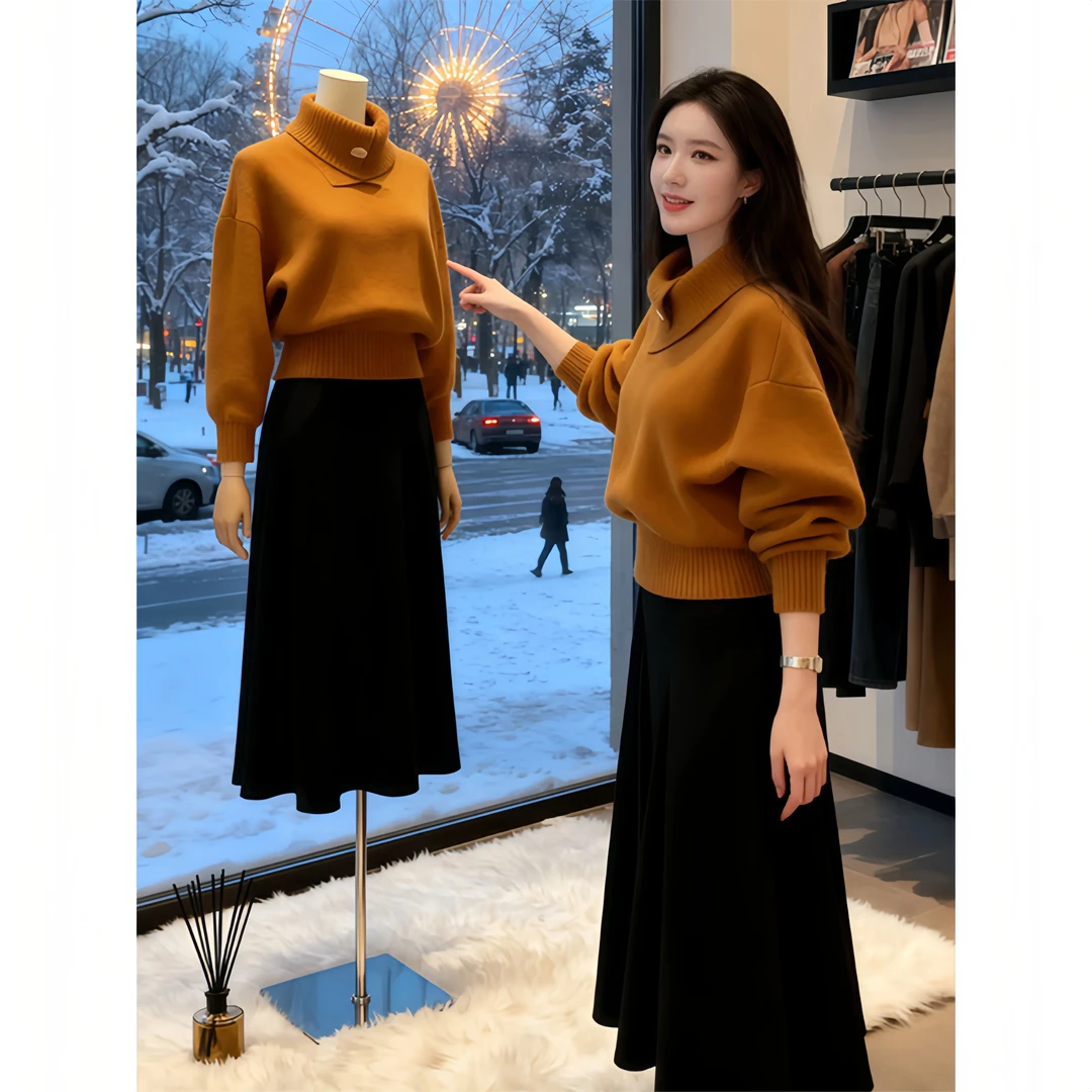 秋冬韩系淡人高知老钱风轻熟设计感软糯慵懒橘色高领打底针织衫女