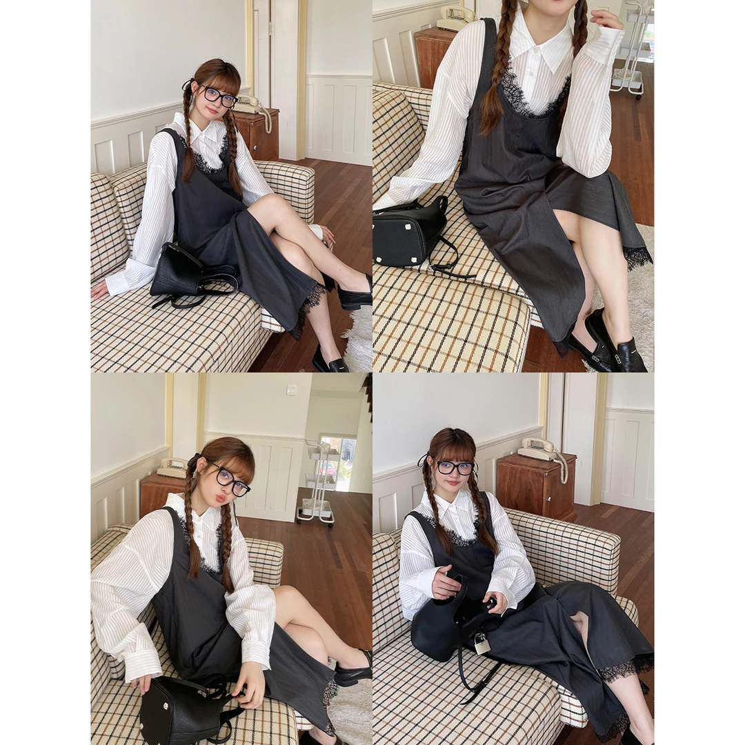 白标~迷迭女主角~领口下摆拼蕾丝开叉背心连衣裙宽松连衣裙