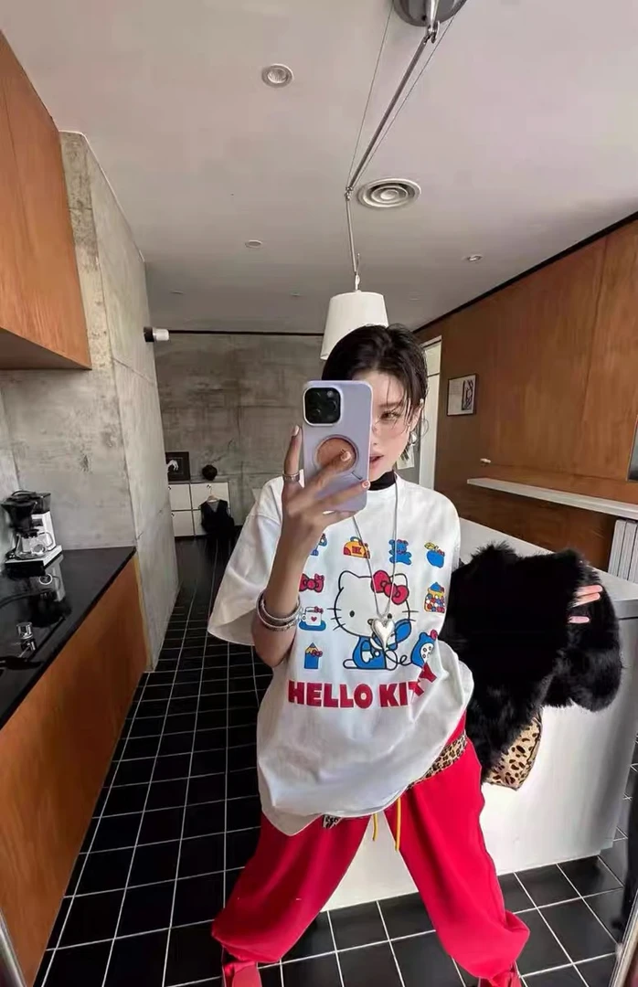 【纯棉】韩国小众超爱kitty猫减龄印花休闲百搭宽松纯棉圆领短袖T恤