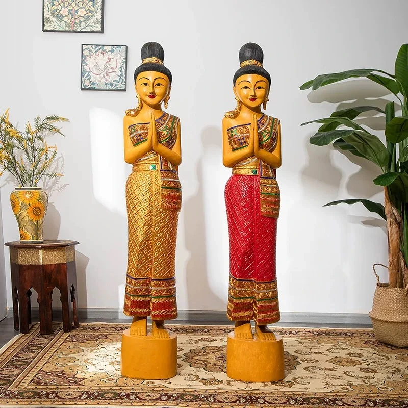 泰国迎宾摆件店铺门童佛像装饰东南亚风泰式软装傣族人偶仕女雕像