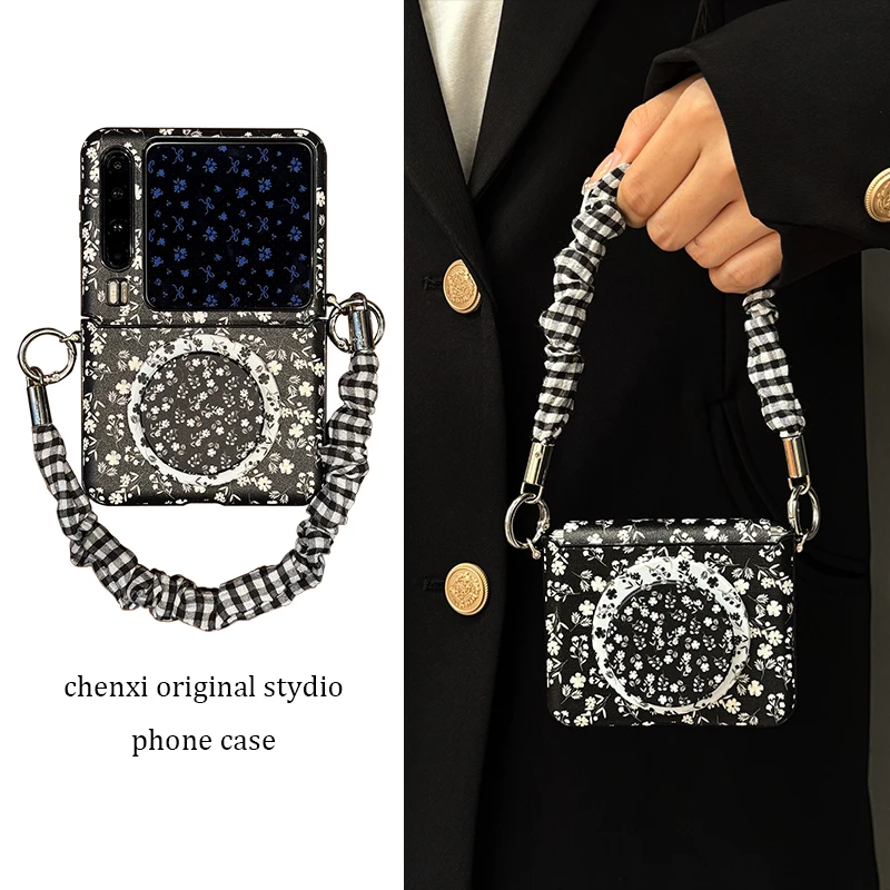 适用华为purax折叠屏手机壳黑色皮质pocket2碎花磁吸支架手提绳女