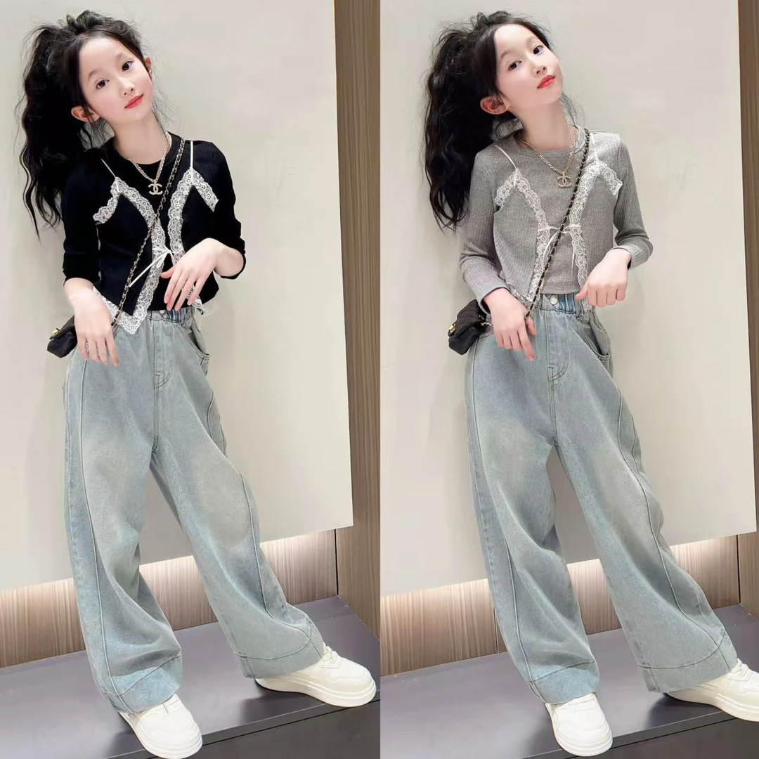 女童高级感春装套装2025新款儿童蕾丝假两件上衣牛仔裤