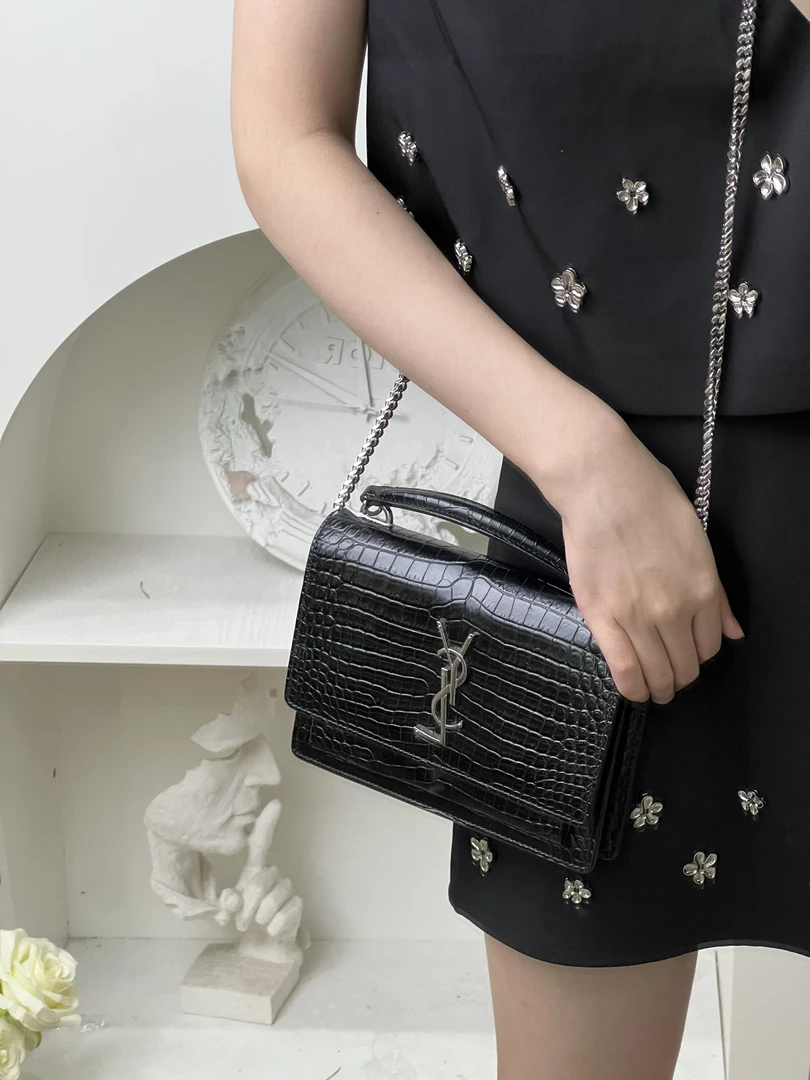 95新 YSL/圣罗兰 ysl日落小号手提黑银鳄压 /优品