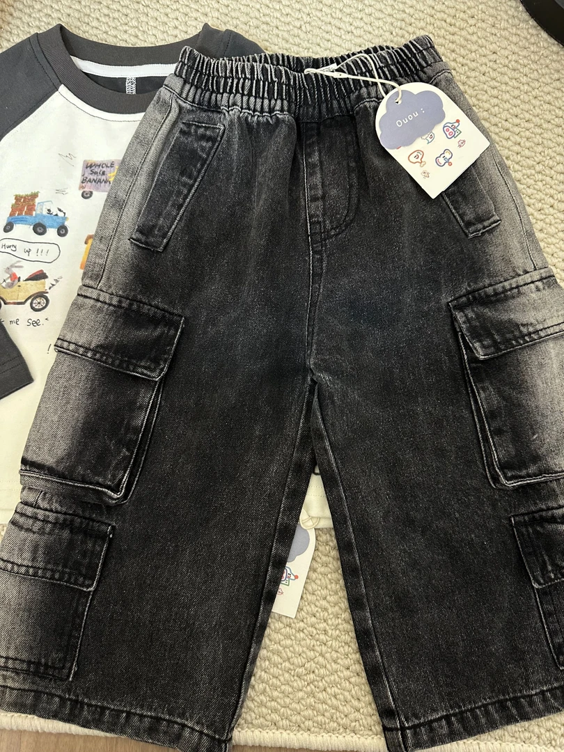 ouou：~炒盐重工立体口袋工装牛仔裤儿童