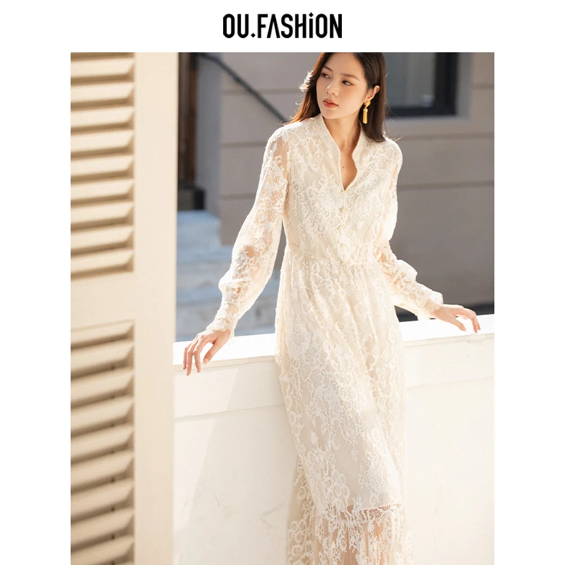 OU.FASHION/欧点时尚春季V领连衣裙蕾丝优雅复古1122440227