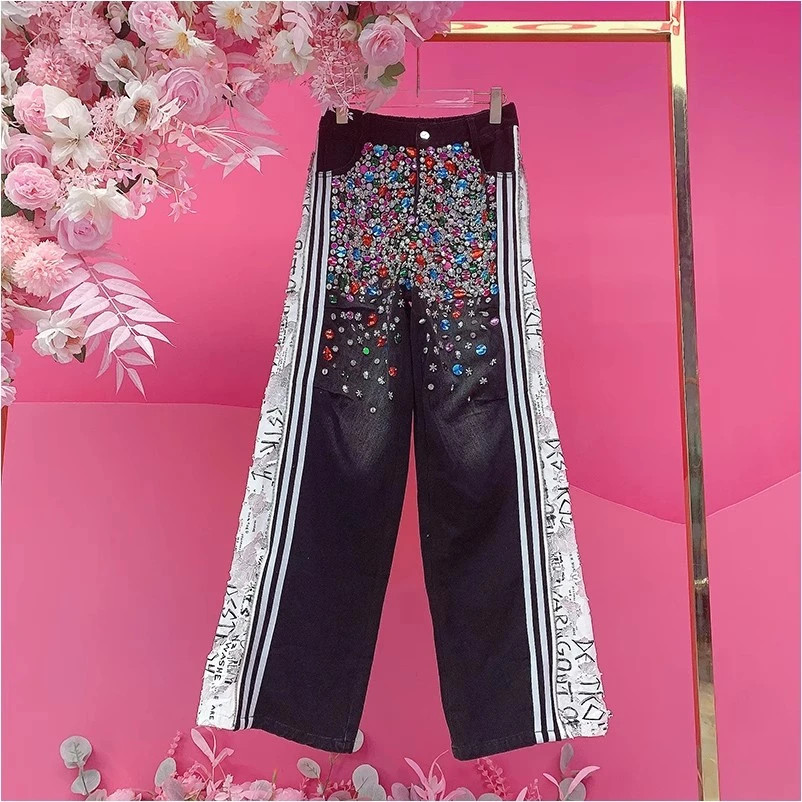 A2445欧美设计师2025夏季新款重工彩色钉钻条纹边拼接蕾丝牛仔裤