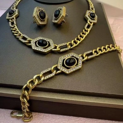 铜合金项链 新国风黑色镶嵌温柔大气个性百搭项链耳钉手链三件套