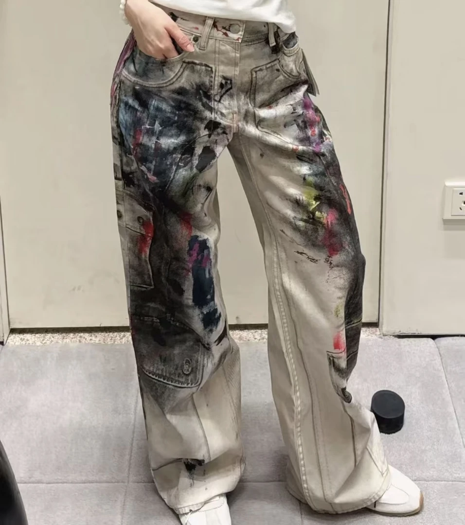 acelve油画裤做旧涂鸦设计师潮流小众街头时尚百搭牛仔裤