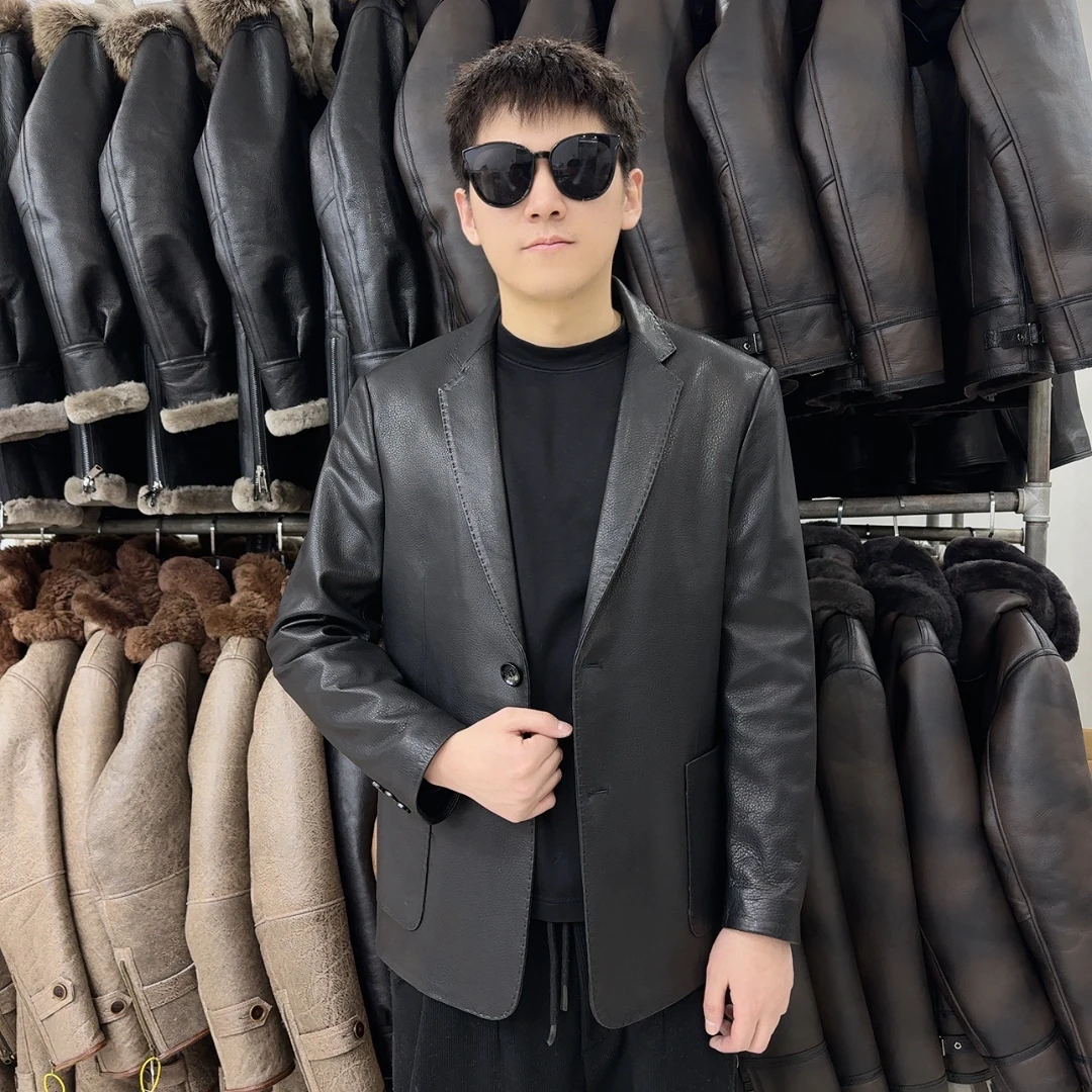男士真皮山羊皮休闲时尚西服款夹克春秋商务百搭西服潮流修身帅气
