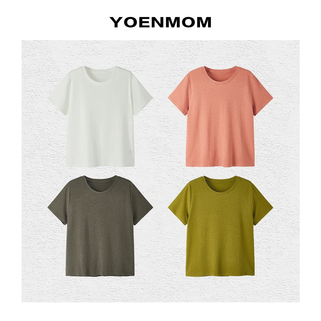 YOENMOM·云柔调·夏季新品 亚麻棉简约纯色做旧磨破领边舒适百搭T