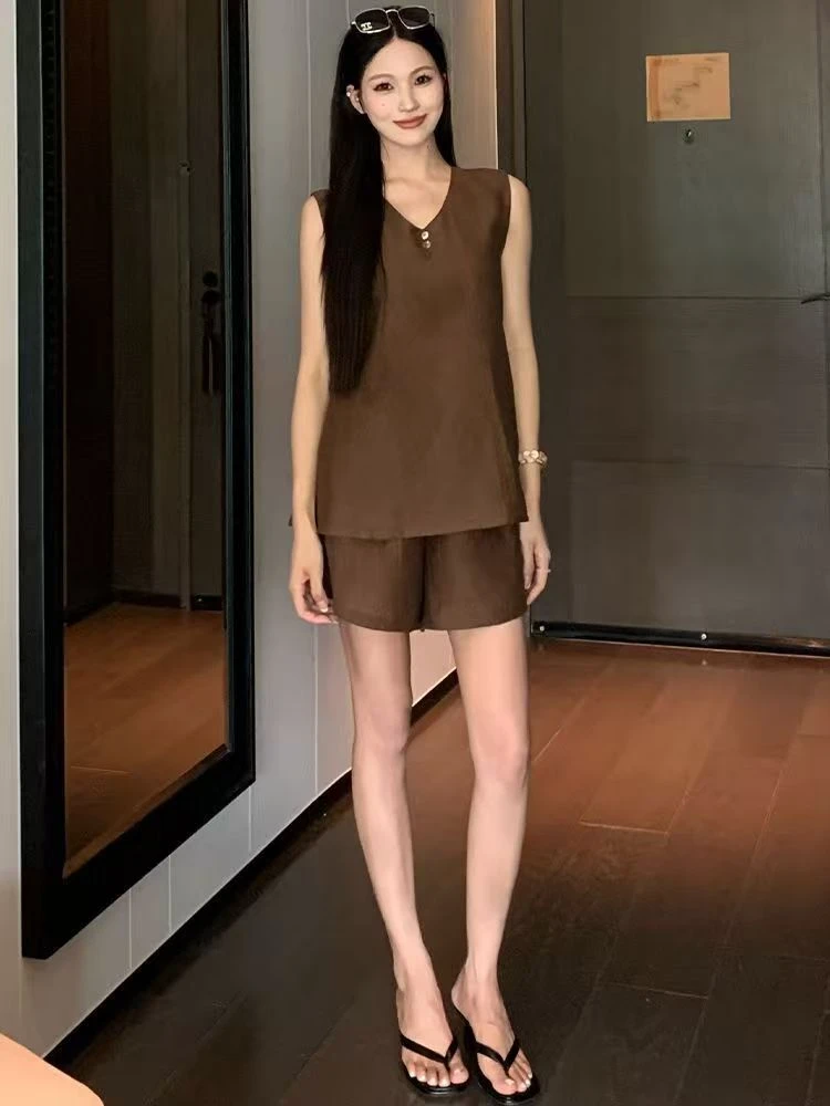 2025新款时尚老钱风显瘦两件套 纯色宽松透气居家