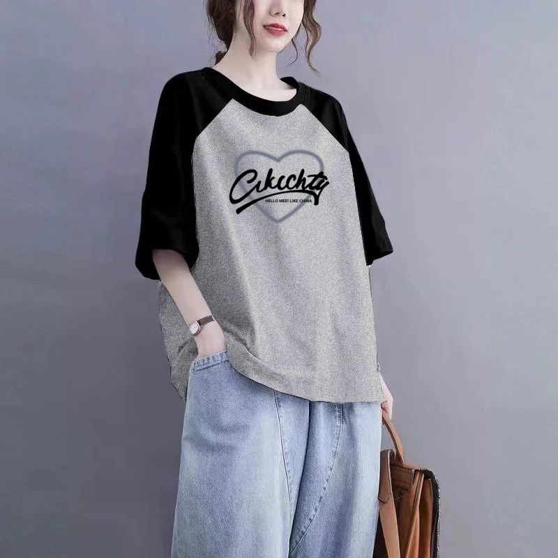 100%棉插肩袖短袖T恤女夏大码200斤宽松显瘦美式复古休闲减龄上衣