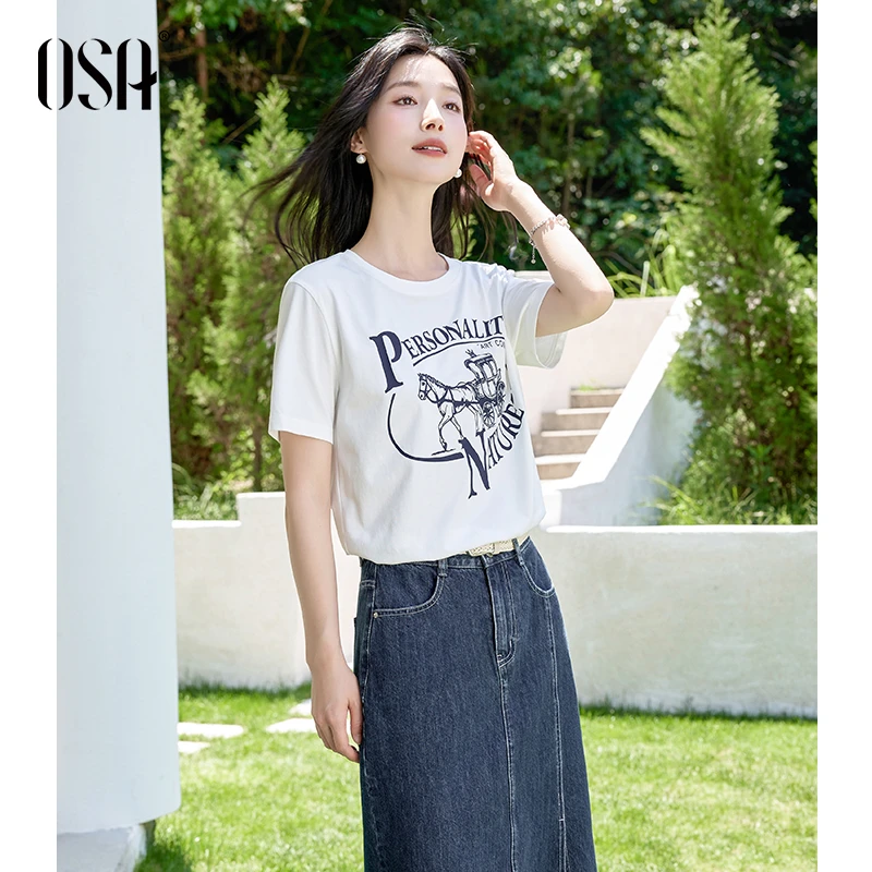 OSA美式复古字母印花百搭微落肩T恤短袖女夏季新款上衣S125B11055