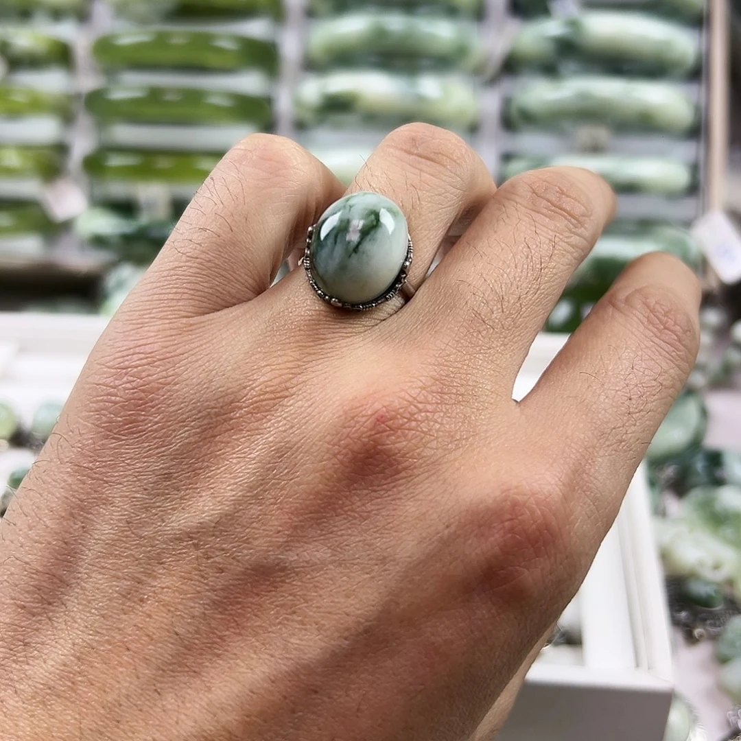 蛇纹石玉银S925镶嵌戒指