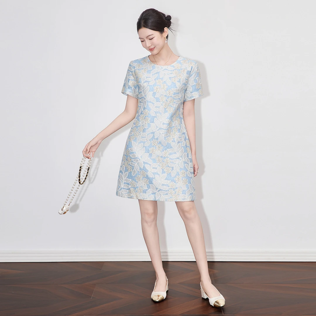 2509702-小香风重工金线浮雕提花精致优雅A字裙洋气南油连衣裙女