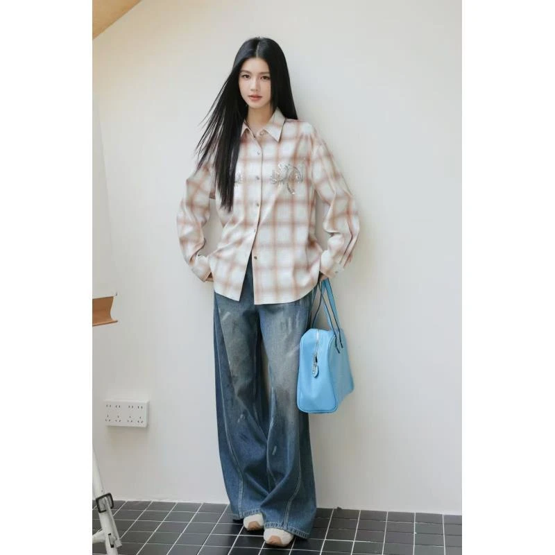 章那汀格子衬衫秋季宽松型长袖小众格纹衬衫5A33C51526