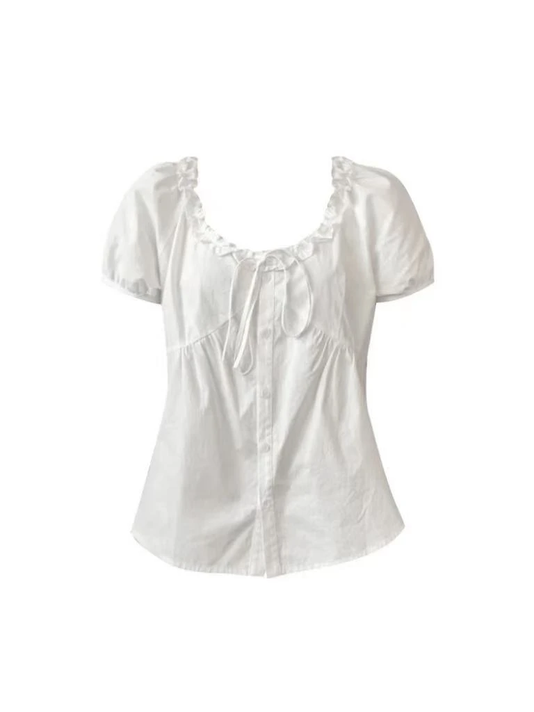 【阿凯自制】8315 花边领口蝴蝶结绑带气质衬衫上衣（衣长56）