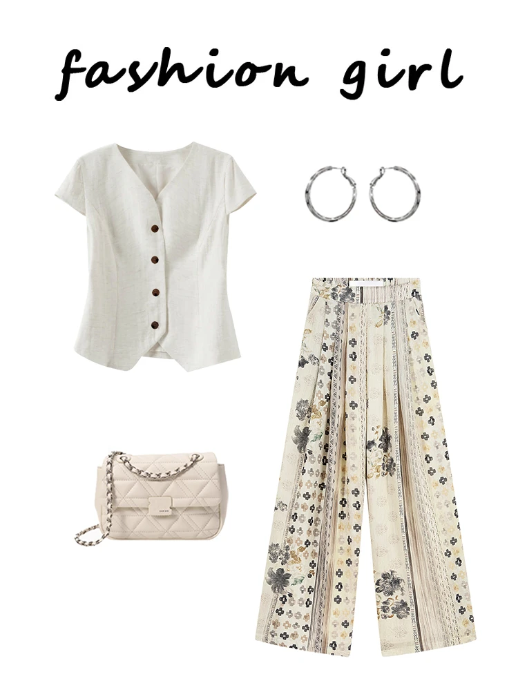 老钱风穿搭一整套女夏季复古松弛高级感白色上衣休闲印花阔腿裤潮