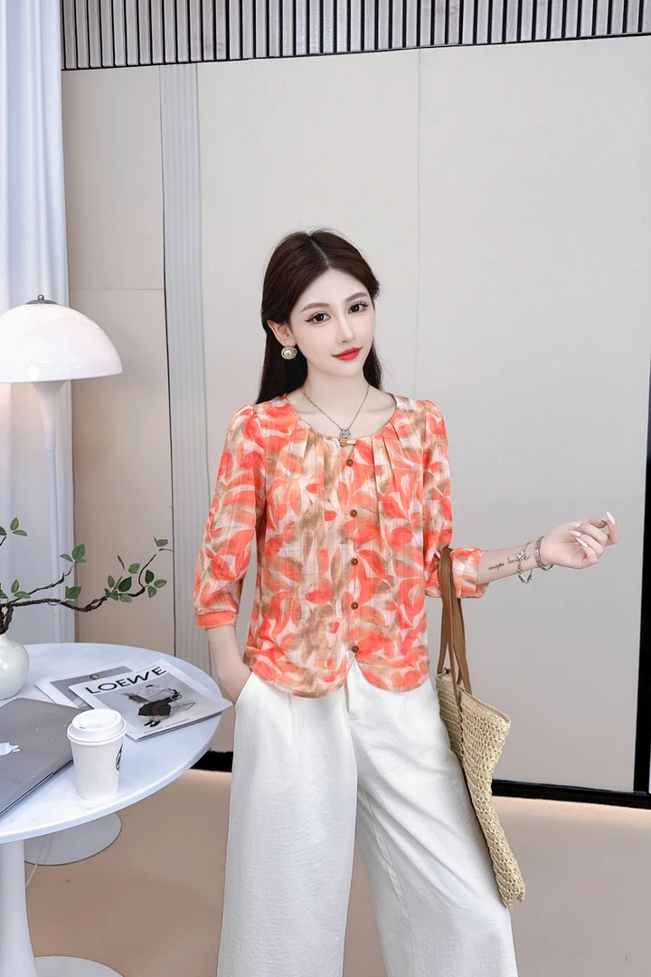 时尚圆领碎花气质百搭休闲2025夏季七分袖宽松显瘦减龄上衣2008