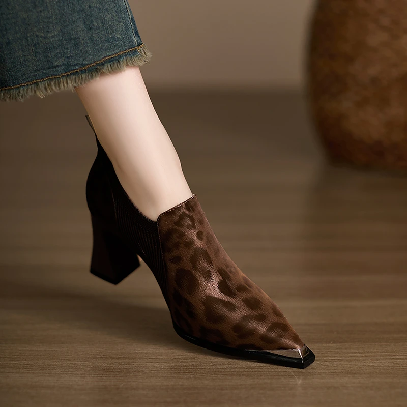 修悦手工女鞋7.5cm尖头高跟鞋春季新款欧若风深口全真皮粗跟单鞋